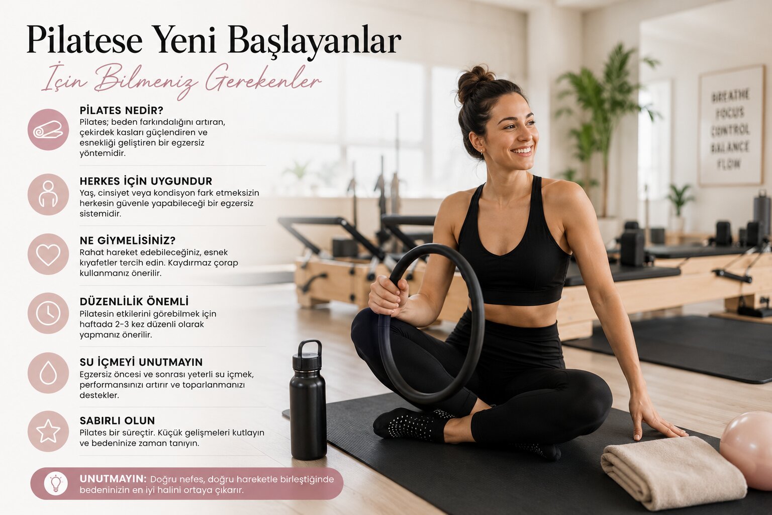 Pilatese yeni başlayanlar için bilinmesi gerekenleri özetleyen infografik