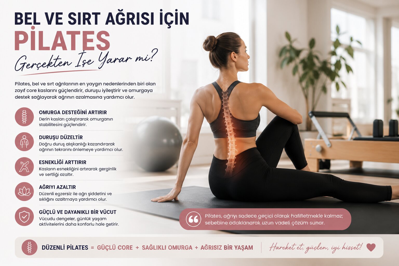 Pilatesin bel ve sırt sağlığına faydalarını gösteren infografik