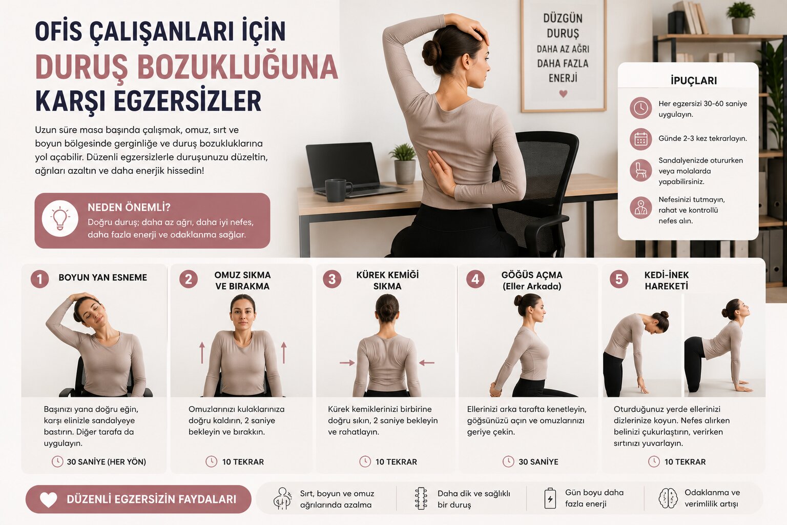 Ofis çalışanları için duruş bozukluğuna karşı egzersizleri gösteren infografik
