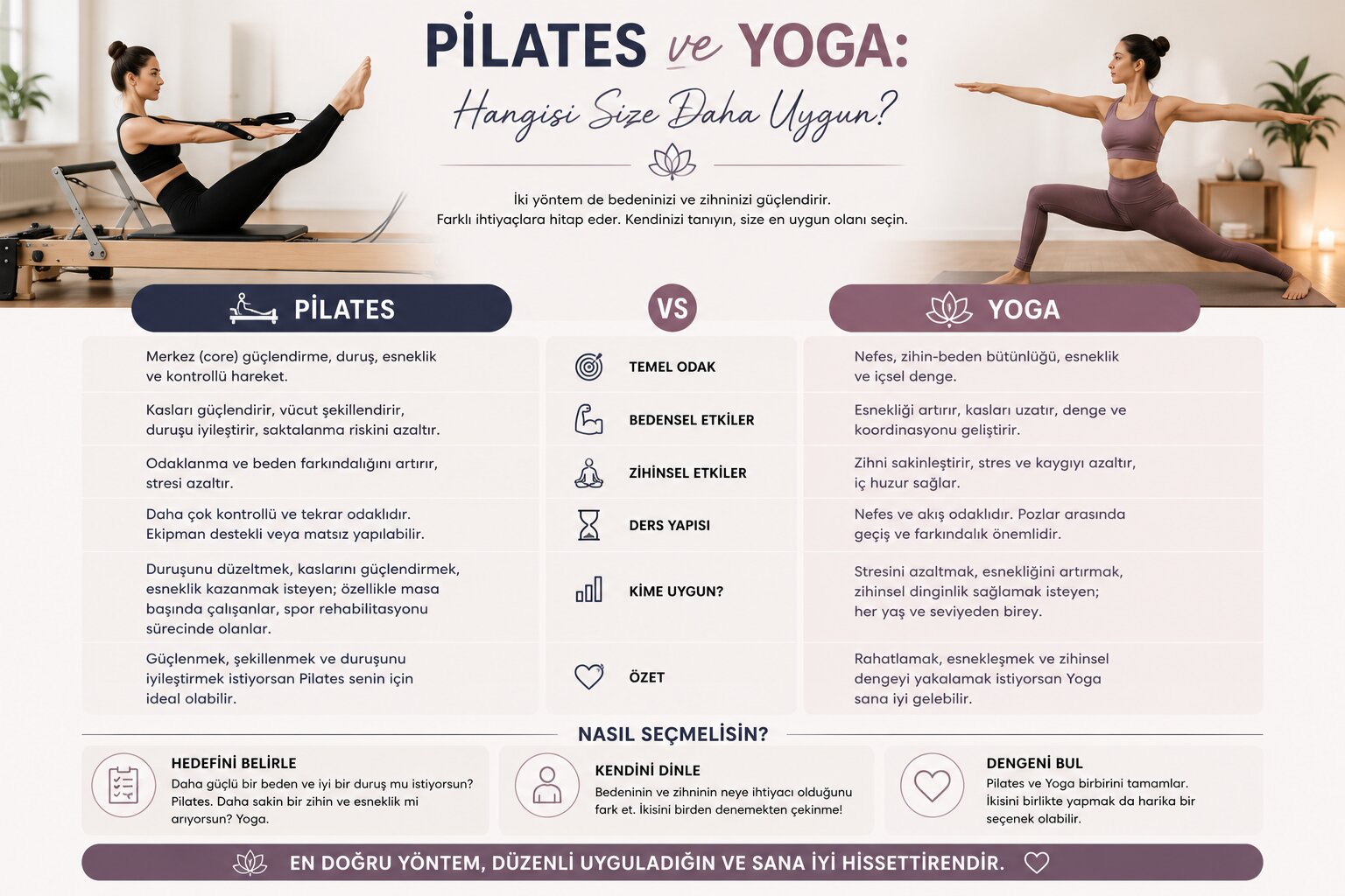 Pilates ve Yoga karşılaştırması infografiği