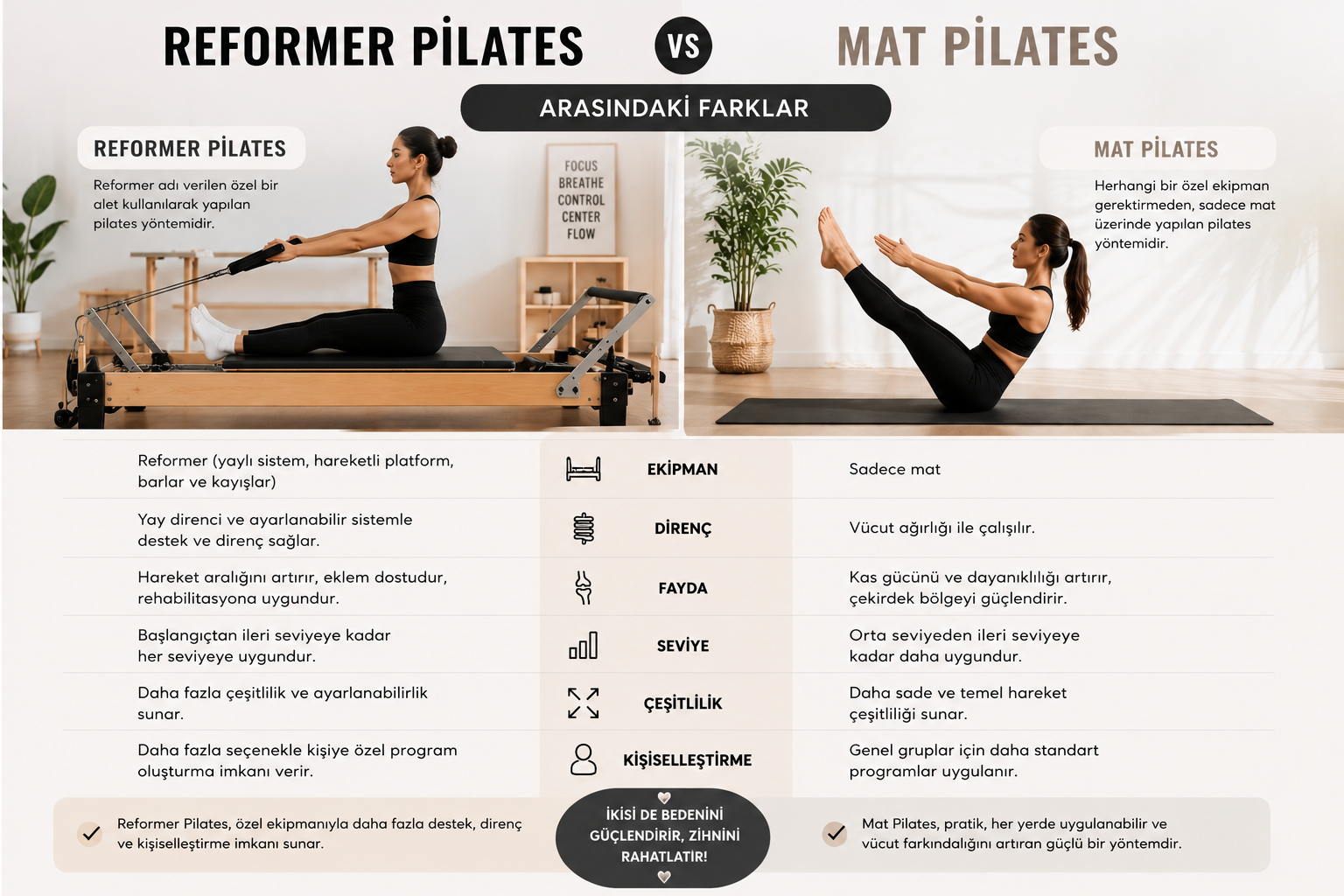 Reformer Pilates ile Mat Pilates arasındaki farkları gösteren karşılaştırma infografiği